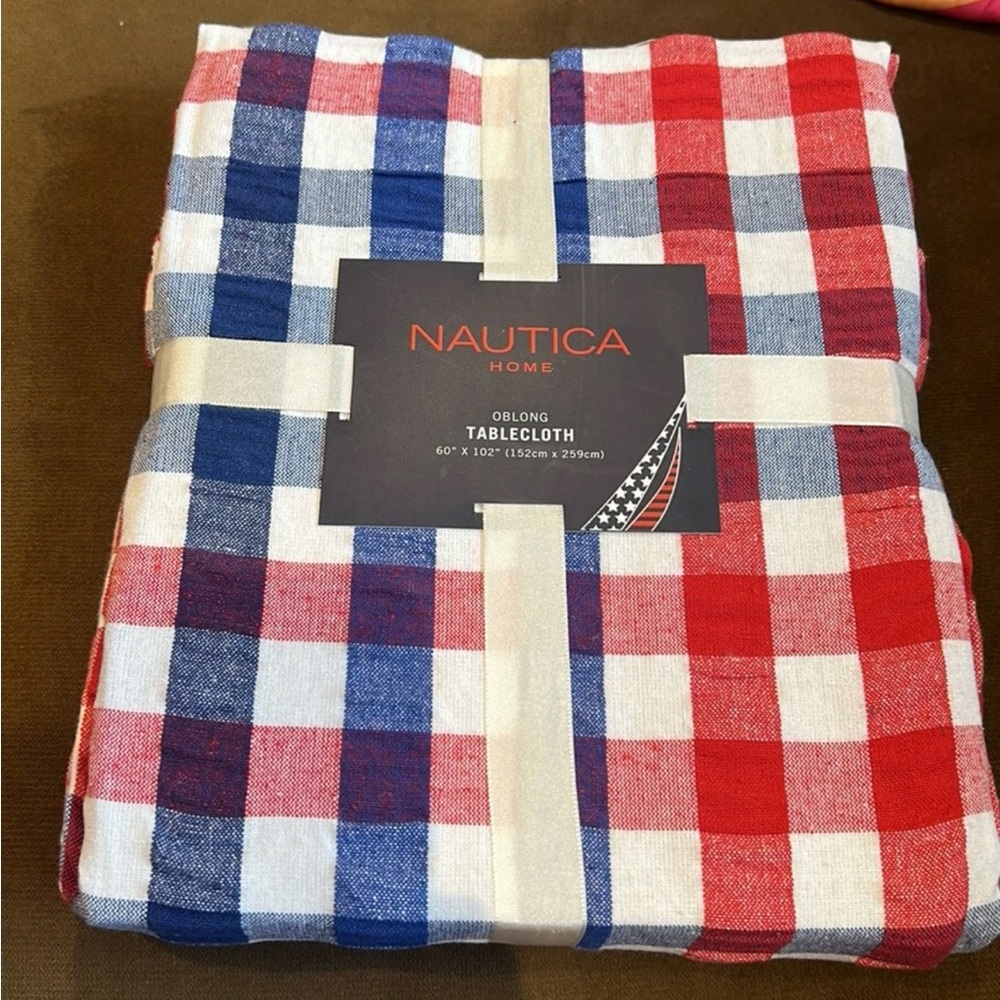 Nautica Tablecloth Americana Red White Blue 4th of July 60”x 102” Plaid Stitch